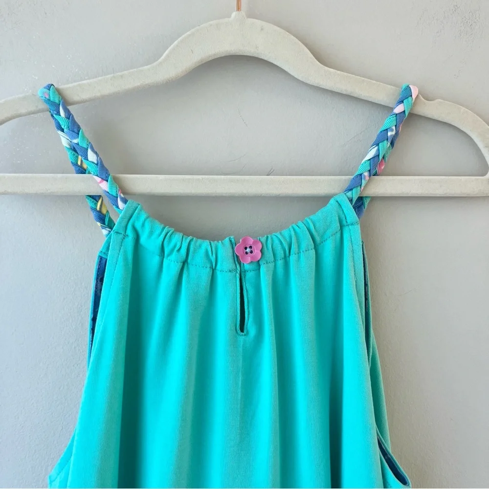 Matilda Jane NWT Aqua Blue Pink Polka Dot Daisy Braid Strap Dress Patchwork
